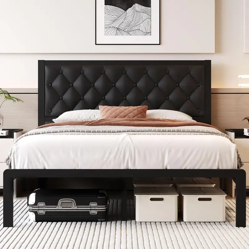 Fluest Queen Bed Frames,Full sizes, with Headboard PU Leather Upholstered Bed Frame,All Metal Slats Support Platform Bed Fram...
