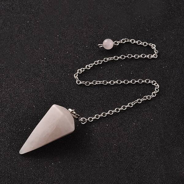Platinum Tone Brass Rose Quartz Cone Hexagonal Pointed Dowsing Pendulums