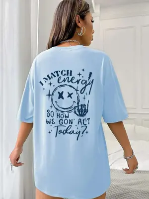 Women's Cartoon Face & Letter Print Drop Shoulder Crew Neck Tee, Summer Clothes Women, Fashion Casual Round Neck T-Shirt for...