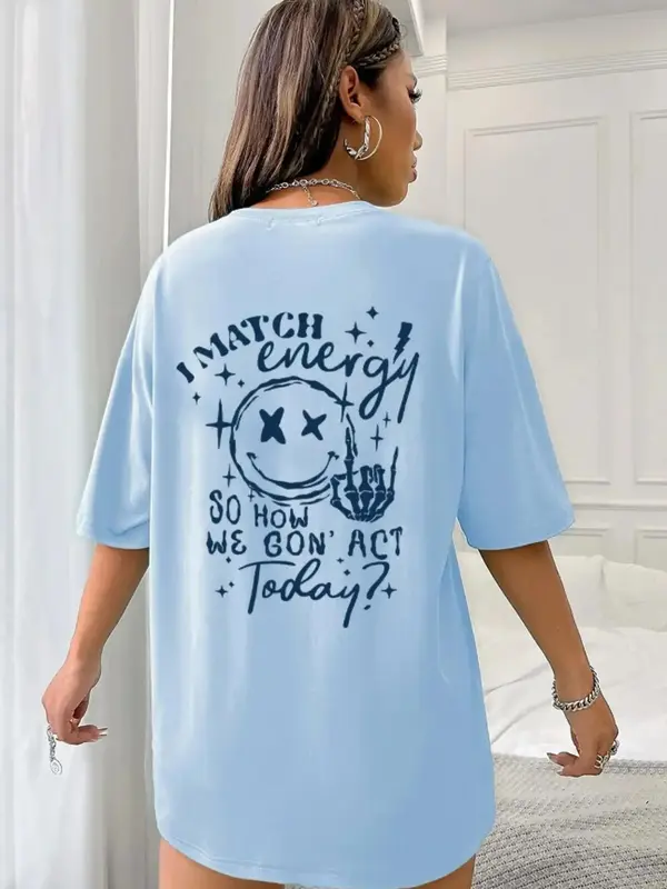 Women's Cartoon Face & Letter Print Drop Shoulder Crew Neck Tee, Summer Clothes Women, Fashion Casual Round Neck T-Shirt for...