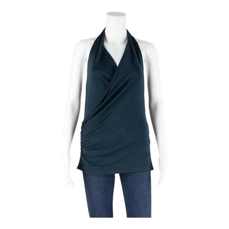 ME & THEE Ruched Halter Neck Womens Top Blue V-Neck Sleeveless UK 8