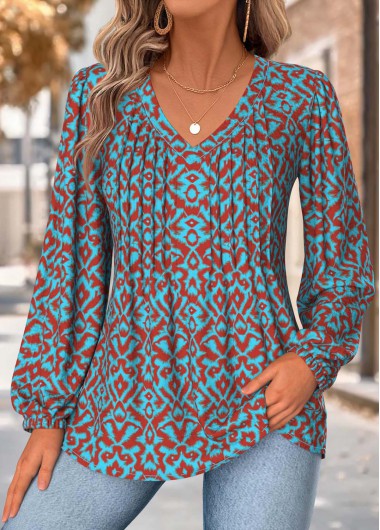 Modlily Neon Blue Tummy Coverage Tribal Print Long Sleeve Blouse - M