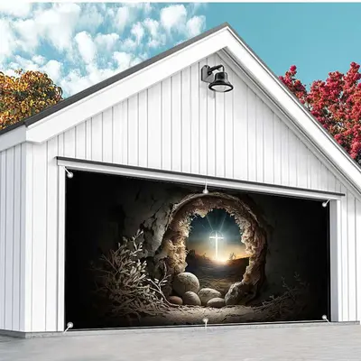 Aperturee Dark Night Cave Holy Cross Easter Garage Door Banner, 8X4FT(2.4X1.2M), 22.65 USD, garage door banners, NYCD6I37-A