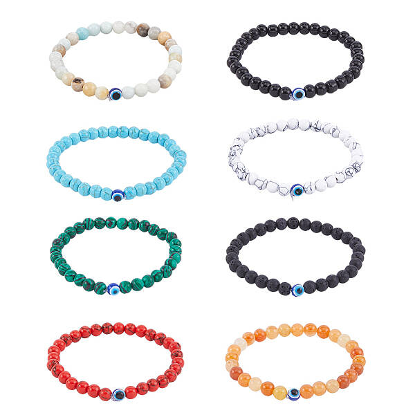 8Pcs 8 Style Natural & Synthetic Mixed Gemstone & Evil Eye Round Beaded Stretch Bracelets Set
