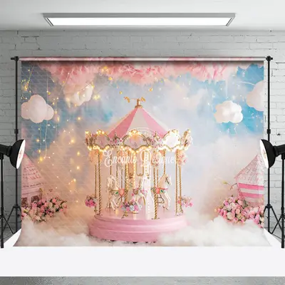 Warm Pink Merry Go Round Floral White Cloud Backdrop - Aperturee