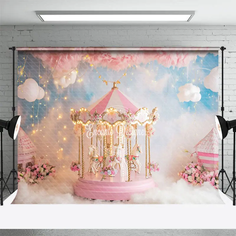 Warm Pink Merry Go Round Floral White Cloud Backdrop - Aperturee