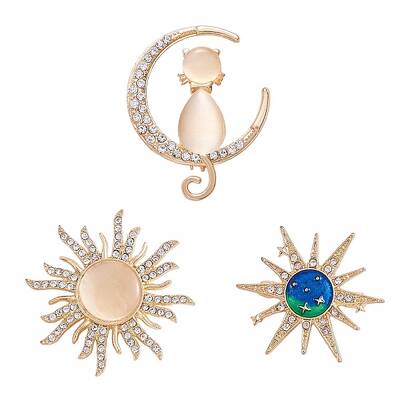 3Pcs 3 Style Rhinestone Sun & Moon with Cat Enamel Pins