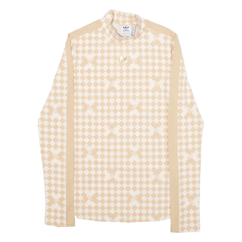 ADIDAS Checkerboard Womens T-Shirt Beige Long Sleeve High Neck UK 6