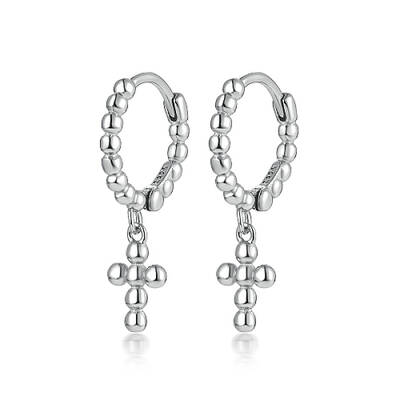 Anti-Tarnish Rhodium Plated 925 Sterling Silver Cross Dangle Hoop Earrings