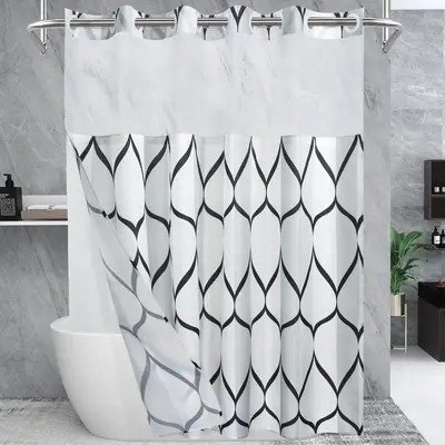 Double Layer Waterproof Shower Curtain, 1 Count Modern Geometric Pattern Bathroom Curtain with Removable Inner Lining, Bathro...