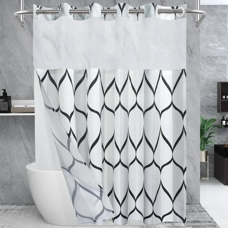 Double Layer Waterproof Shower Curtain, 1 Count Modern Geometric Pattern Bathroom Curtain with Removable Inner Lining, Bathro...