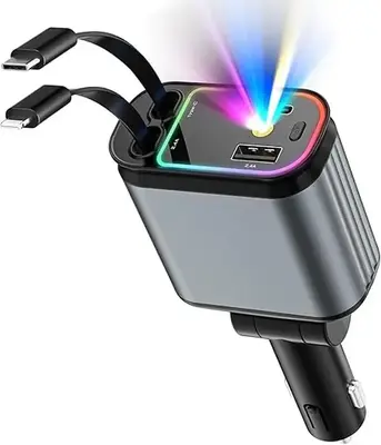 【Starlight Roof Atmosphere】4-in-1 Retractable Car Charger with Built-in Starlight Projector, Double Type C Fast Charging ...