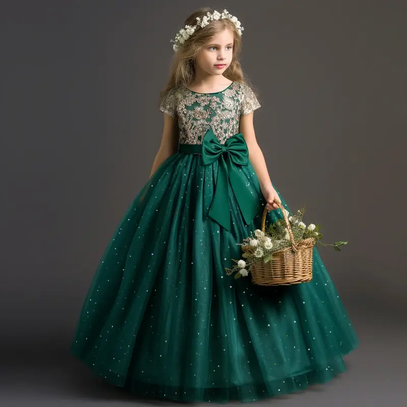 Luxury Elegant Dress for Kids Girls Embroidery Lace Vintage Formal Prom Gown Plying Sleeve Birthday Party Princess Dresses We...