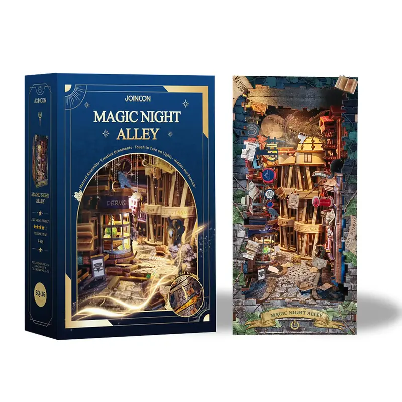 Magic Night Alley 3D Book Nook with Dust Cover, 1 Box DIY Wooden Bookshelf Insert DIY Miniature Kit, Bookend Stand with LED L...