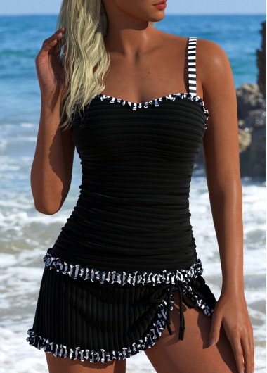 Modlily Contrast Binding Striped Black Tankini Set - M