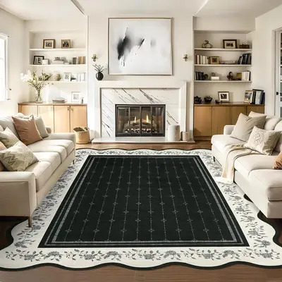 Garvee Scalloped Floral Washable Rug 9x12 Non-Slip Stain-Resistant Polyester Soft Low-Pile Modern Border Nursery Living Room