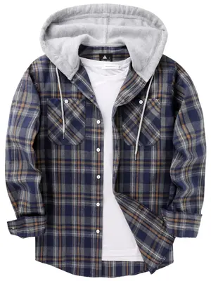 Men's Plaid Print Button Front Drawstring Hooded Shirt, Regular Fit Casual Long Sleeve Pocket Top for Spring & Fall, Men's Cl...