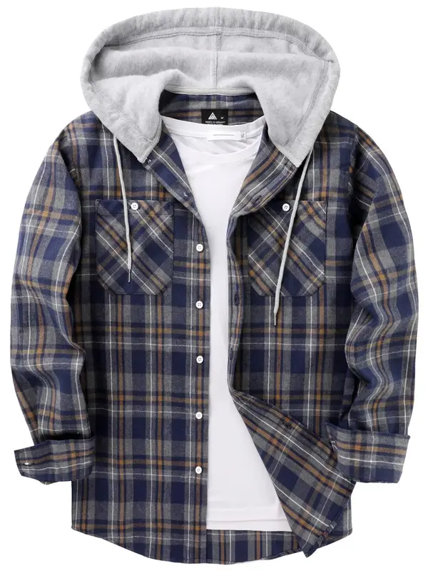 Men's Plaid Print Button Front Drawstring Hooded Shirt, Regular Fit Casual Long Sleeve Pocket Top for Spring & Fall, Men's Cl...