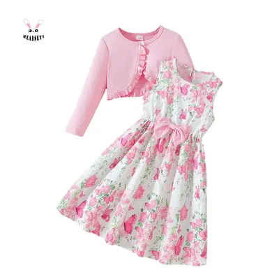 Kid Girl Dress Set Floral Butterfly Print Sleeveless Round Neck A Line Dress with Long Sleeve Cardigan