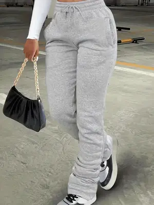 Women's Plain Pocket Drawstring Waist Stackable Sweatpants, Casual Basic Stack Pants for Daily Wear, Ladies' Bottoms for All ...
