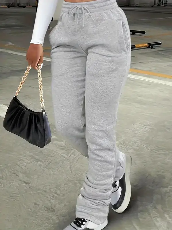 Women's Plain Pocket Drawstring Waist Stackable Sweatpants, Casual Basic Stack Pants for Daily Wear, Ladies' Bottoms for All ...