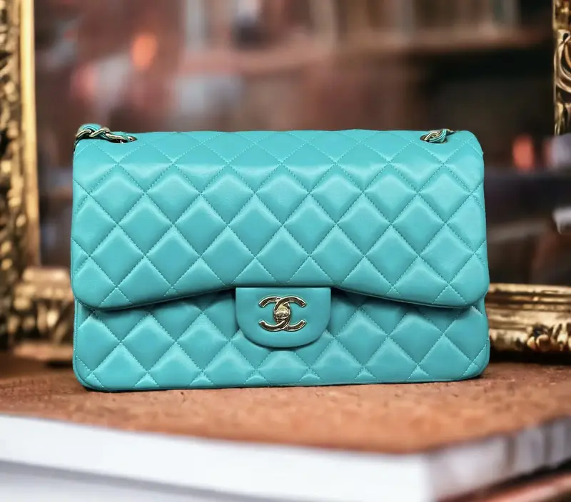 Pre-owned CHANEL Lambskin Shoulder Bags Classic Jumbo Double Flap Quilted Tiffany Blue Women's Handbag