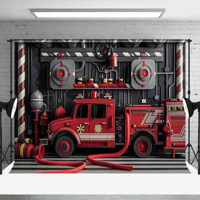 Red Black Fire Truck Hydrant Cake Smash Backdrop