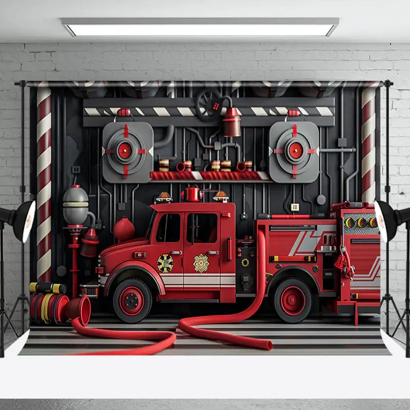 Red Black Fire Truck Hydrant Cake Smash Backdrop