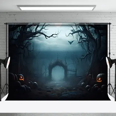 Aperturee Dark Night Forest Moon Lake Gate Halloween Backdrop - Aperturee