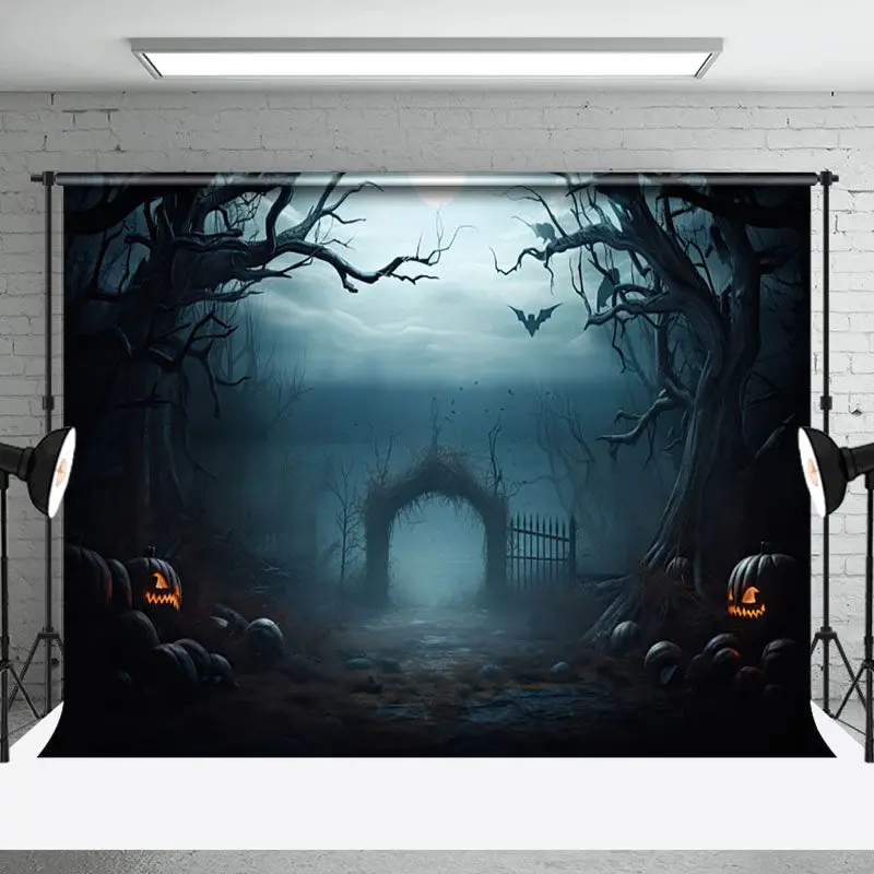 Aperturee Dark Night Forest Moon Lake Gate Halloween Backdrop - Aperturee
