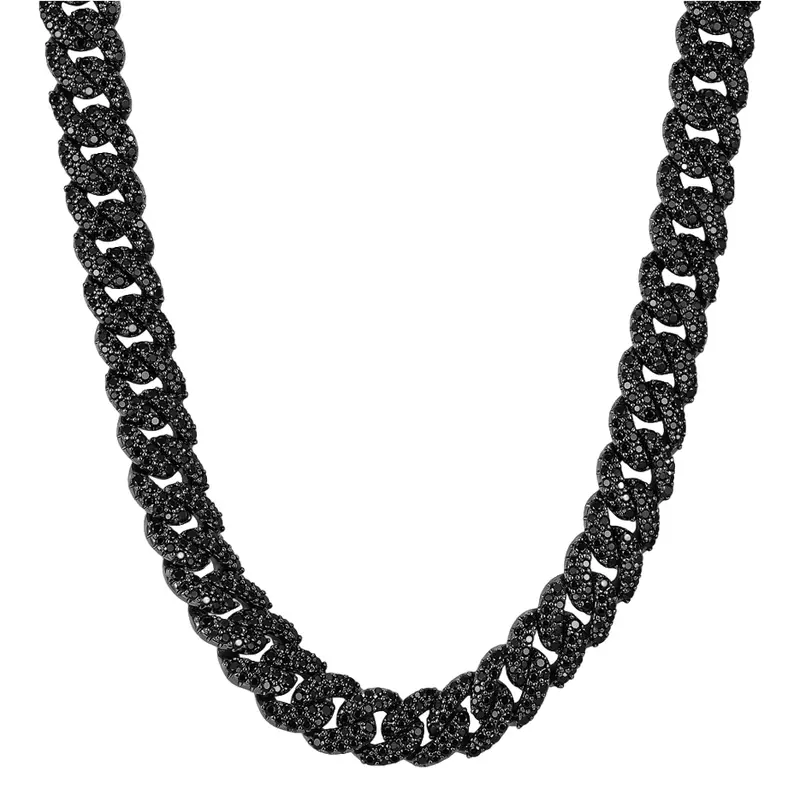 Sterling Silver with Black Color Iced Out Cuban Link Chain for Men 10mm