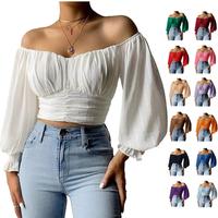 Fisace Womens Elegant Off The Shoulder Puff Sleeve Blouse Summer Chiffon Slim Fit Party Crop To