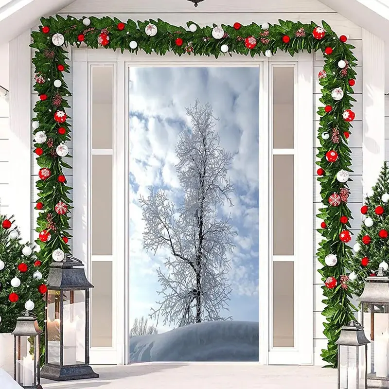 White Snowy Tree Winter Merry Christmas Door Cover - Aperturee