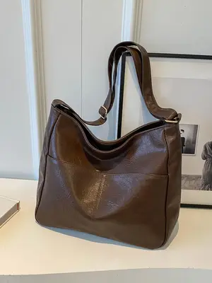 Women's Solid Color Pu Leather Shoulder Bag, Fashionable Large Capacity Zipper Shoulder Bag for Work & School, Casual Trendy ...