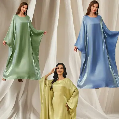 Women's Satin Butterfly Sleeve Shimmering Abaya Kaftan Dress with Sleeveless Design & Shimmering Finish Includes Inner Belt S...