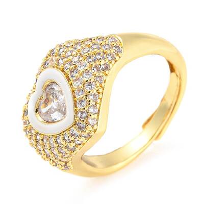 Enamel Heart Adjustable Ring with Clear Cubic Zirconia