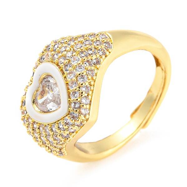 Enamel Heart Adjustable Ring with Clear Cubic Zirconia