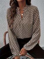Women's All Over Print Bishop Sleeve Notched Blouse, Aesthetic Elegant Long Sleeve Top for Daily Wear, Ladies Clothes for Eve...