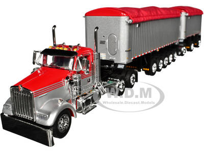 Kenworth W900L Day Cab and East Michigan Series 31 and 20 End Dump Trailers Viper Red and Silver 1/64 Diecast Model by DCP/Fi...