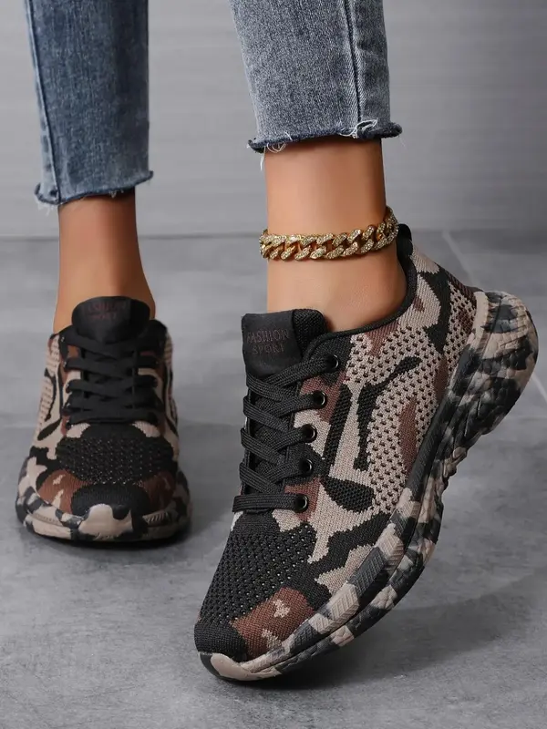 Women's Colorblock Camo Print Lace Up Sneakers, Sneakers Women 2024, Designer Shoes, Casual Sporty Running Shoes, All-match B...