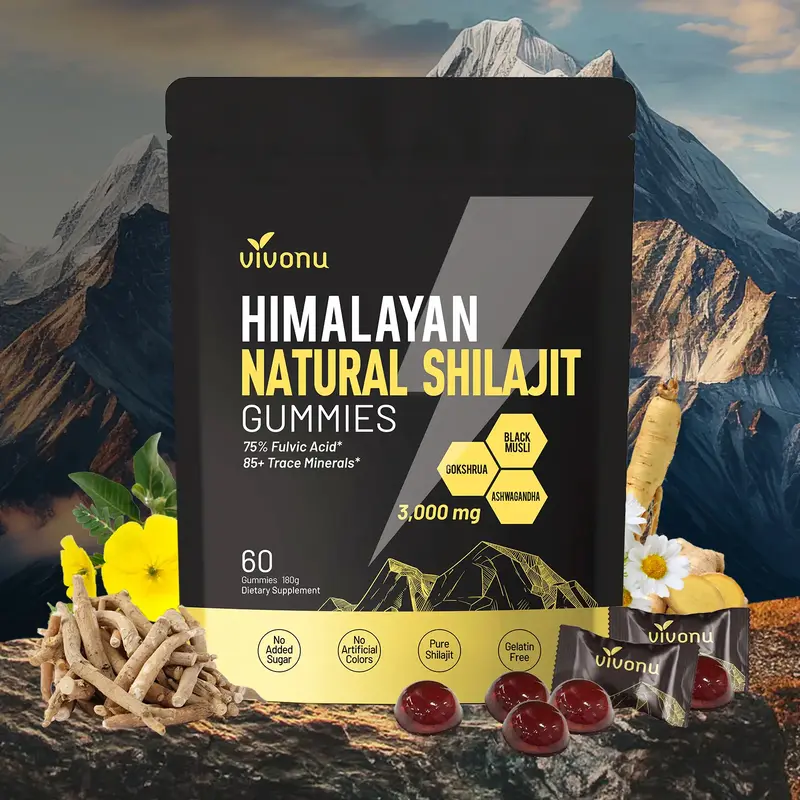 Himalayan Shilajit Energy Gummies with Ashwagandha & Gokshura | Stress Relief & Vitality Support | 60 Sugar-Free Vegan Supple...