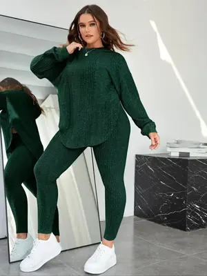 【Plus Size】 Plain Split Curved Hem Hoodie & Leggings Lounge Two-piece Set, Casual Fashion Cozy Breathable Two Piece Outfi...