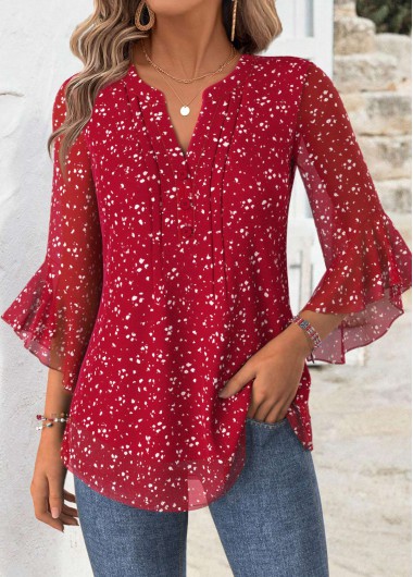 Modlily Red Floral Print 3/4 Sleeve Split Neck Blouse - S