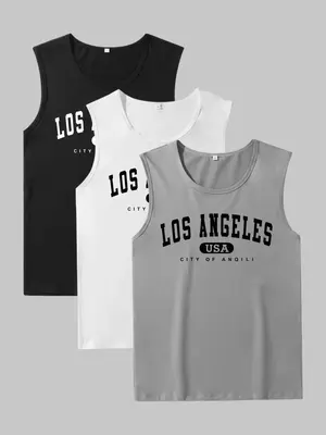 Men's Letter Print Tank Top, Casual Sleeveless Round Neck Top for Summer, Summer Tops, Summer Clothes Sleepwear for Men, Comf...
