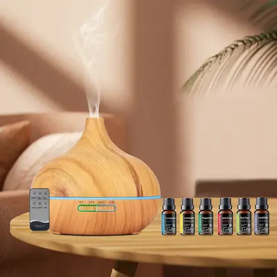 550ml Wood Grain Aroma Diffuser Humidifier with Remote Control, Timer, and 6 Oil Set, Cool Mist Waterless Fragrance Oil Diffu...