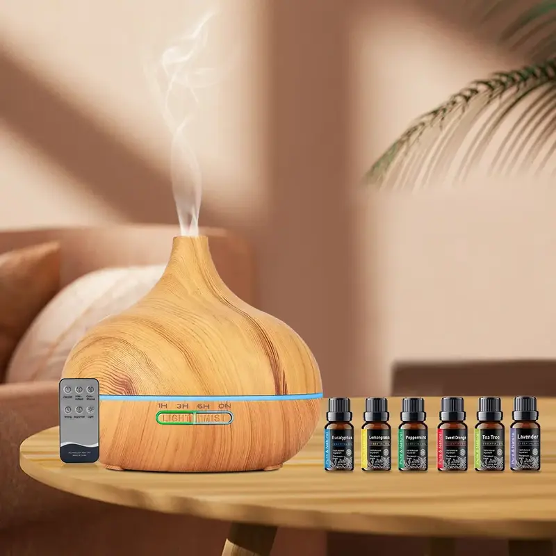 550ml Wood Grain Aroma Diffuser Humidifier with Remote Control, Timer, and 6 Oil Set, Cool Mist Waterless Fragrance Oil Diffu...