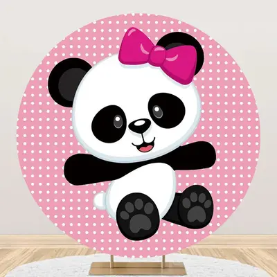 Pink White Dots Panda Round Baby Shower Backdrop - Aperturee