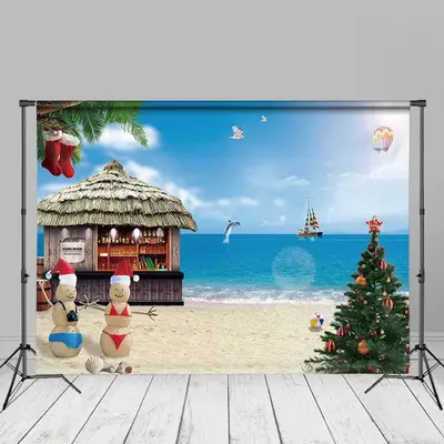 Sandy Snowman Tree Seaside Xmas In July Backdrop - Aperturee