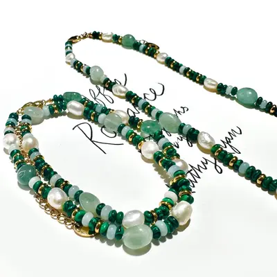 Perlvoya Genuine Jade Fortune Gems Necklace - Nature Jade, Green Gemstone, Amazonite, Aventurine, Malachite, Adjustable, PVD ...
