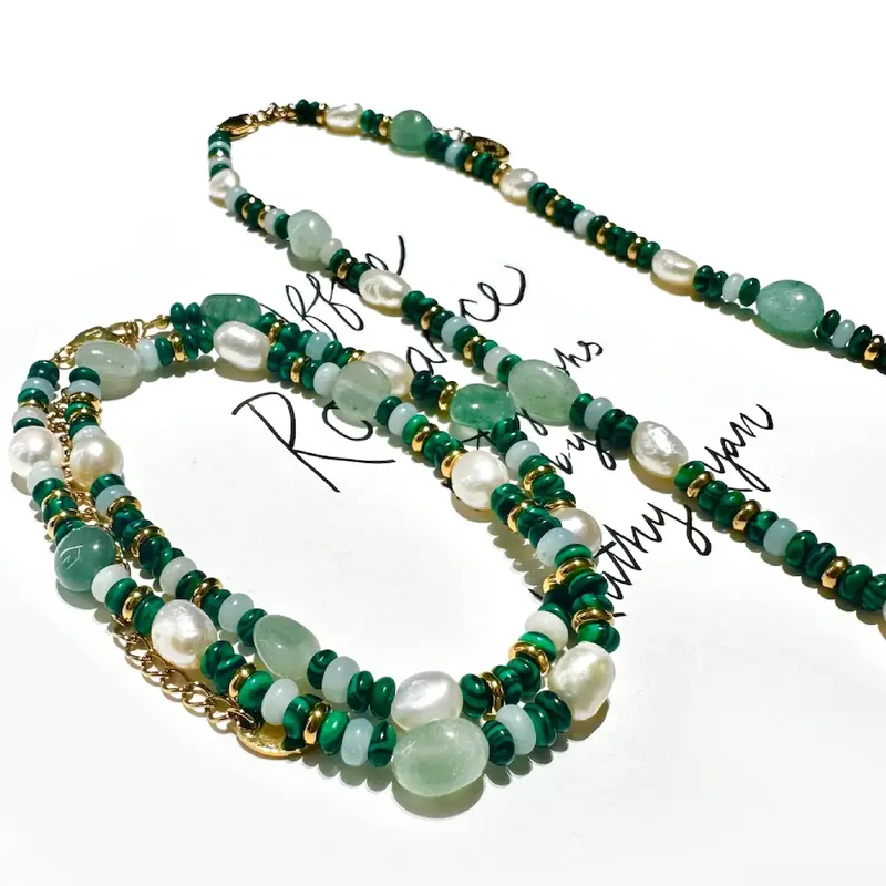 Perlvoya Genuine Jade Fortune Gems Necklace - Nature Jade, Green Gemstone, Amazonite, Aventurine, Malachite, Adjustable, PVD ...